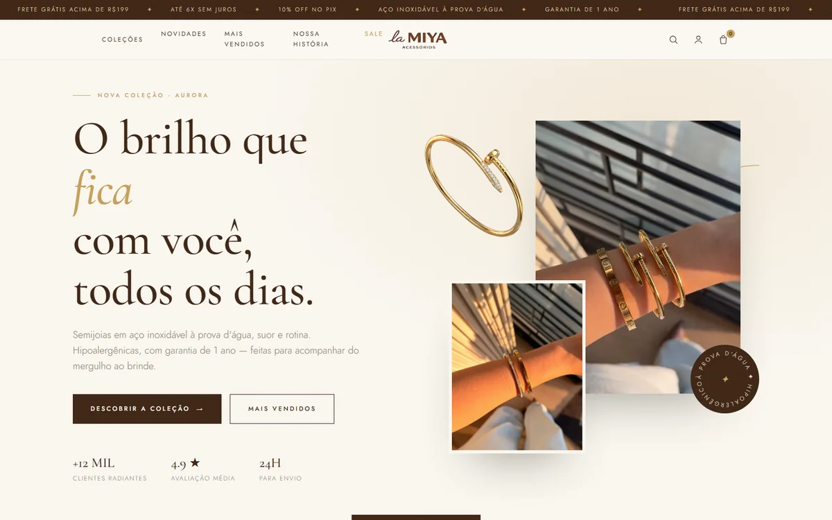 Loja virtual la MIYA: fundo creme, título em serifada e fotos de semijoias